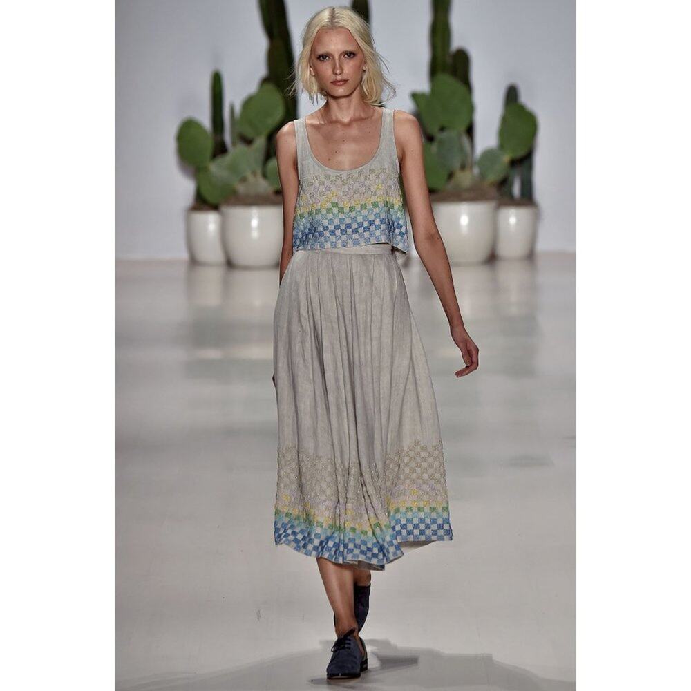 Mara Hoffman Beaded Crop Top Tank Linen Rainbow Checker Board